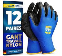 S&R Gants de Travail Homme Taille M/8 (12 Paires). Gants Travail en Nylon et Latex. Gants de Jardinage Homme. Gant Manutention Mecanique Bricolage Automobile.