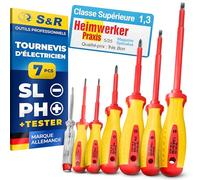 S&R Jeu Tournevis d'Electricien Aimantés Isolés VDE 7 pièces,avec Tournevis testeur. Outillage Electricien mécanique Professionnel