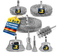 S&R Lot de 12 Brosses Métalliques pour Perceuse et Visseuse sans Fil - Brosses Nettoyage Bois Métal Fil d'Acier Ø 0,5 mm