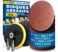 S&R Papier à Poncer 125mm - Lot 120 Disque Abrasif 125mm Grain 40, 60, 80, 100, 120, 180, 240, 320, 600. Disques ponceuse 125 + Adaptateur M14 et Accesoires