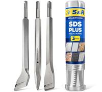 S&R Set Burins SDS Plus Coffret 3 pièces : Burin Large, Burin Plat, Burin | Burin pointu - Burin large courbe - Élimination béton carrelage sol et mur - Acier trempé qualité supérieure - SDS-Plus