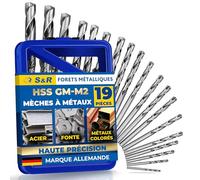 S&R Set de 19 forets GM-Serie en acier HSS, rectifiés, 1-10 mm 118° DIN 338 qualité professionnelle, dans une boîte en métal