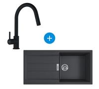 S2D Evier à encastrer 100×50cm 1 bac avec égouttoir, Tectonite, Onyx + Mitigeur avec douchette extractible, Noir mat