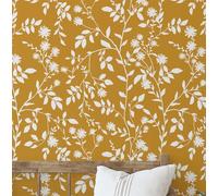 S4Sassy Papier peint décoratif autocollant, motif floral botanique, vinyle texturé imperméable, blanc sur jaune moutarde, 63 x 304 cm, revêtement mural amovible pour chambre à coucher, jaune
