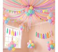 Sabary Lot de 40 décorations de fête d'anniversaire pastel avec serpentins en papier crépon pastel de 225 m, ballons ronds multicolores macarons de 30,5 cm et bannière arc-en-ciel pastel