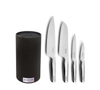 SABATIER TROMPETTE - Bloc tiges spaghetti rond avec 4 couteaux de cuisine : Utile, Office, Chef, Santoku - Asean - Acier 5Cr15MoV finition satinée manche tout inox - H 22 x D 11 cm - Inox