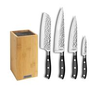 SABATIER TROMPETTE - Bloc tiges spaghetti Bambou avec 4 couteaux de cuisine : Office, 2 Chefs, Santoku - Carbon - Acier 5Cr15MoV finition martelée manche POM avec 3 rivets inox - 26 x 15.5 cm - Inox