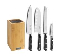 SABATIER TROMPETTE - Bloc tiges spaghetti Bambou avec 4 couteaux de cuisine : Office, Chef, Santoku, Pain - Origin - Acier 5Cr15MoV finition satinée manche ABS - 26 x 15.5 cm - Bois & Noir