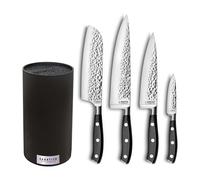 SABATIER TROMPETTE - Bloc tiges spaghetti rond avec 4 couteaux de cuisine : Office, 2 Chefs, Santoku - Carbon - Acier 5Cr15MoV finition martelée manche POM avec 3 rivets inox - H 22 x D 11 cm - Inox