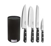 SABATIER TROMPETTE - Bloc tiges spaghetti rond avec 4 couteaux de cuisine : Office, Chef, Pain, Santoku - Origin - Acier 5Cr15MoV finition satinée manche ABS - H 22 x D 11 cm - Bois & Noir