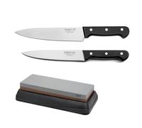 SABATIER TROMPETTE - Ensemble 2 couteaux de cuisine et 1 pierre à aiguiser - Universal - Acier 5Cr15MoV - Finition Satinée - Noir