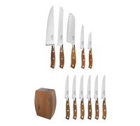 SABATIER TROMPETTE Ryokan Set avec 5 couteaux de cuisine, Bois de frêne | Set 5 couteaux de cuisine et bloc avec 6 couteaux steak, Acier 5Cr15MoV satiné, Manche frêne, Bois