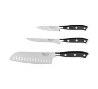 SABATIER TROMPETTE - Set 3 couteaux de cuisine : Office, Utile et Santoku - Vulcano - Acier 5Cr15MoV finition satinée manche POM pleine soie avec rivets inox - Noir