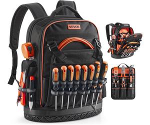 Sac à dos à outils VEVOR, 64 poches, organisateur de rangement d'outils, Backpack avec compartiment pour ordinateur portable & fond moulé, sac à dos de chantier pour électriciens, réparateurs & chauff