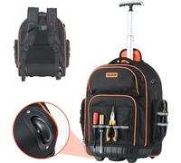 Sac à dos à outils VEVOR avec roulettes, capacité de charge 50 kg, 45 poches, sac à outils, poignée télescopique réglable et base stable, organisateur de sac à dos de travail pour le bâtiment et la mé