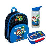 Sac à dos de maternelle Super Mario, avec boîte à goûter, gourde, personnalisable avec nom, set sac à dos pour enfant avec boîte à sandwich et gobelet bleu roi, Lot 2 - Super Mario bleu roi