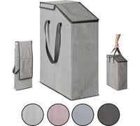 Sac à linge compact avec couvercle, 52 litres, 20 x 45 x 60 cm, compartiment à lessive pliable, gain de place, gris-beige