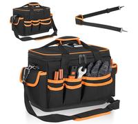 Sac à Outils en Nylon avec 20 Poches et Base Rigide 30cm, Noir 14L | Sac de Rangement pour Outils avec Bretelles réglables, Double Fermeture Éclair, Base Rigide Imperméable, 30x25x19CM