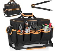 Sac à Outils en Nylon avec 26 Poches et Base Rigide 34,5 cm, Noir 18L | Sac de Rangement pour Outils avec Bretelles réglables, Double Fermeture Éclair, Base Rigide Imperméable, 34,5x21x26CM