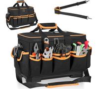 Sac à Outils en Nylon avec 26 Poches et Base Rigide 40,5 cm, Noir 25,5L | Sac de Rangement pour Outils avec Bretelles réglables, Double Fermeture Éclair, Base Rigide Imperméable, 40,5x28x22,5CM