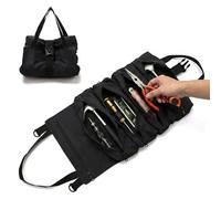Sac à outils enroulable en toile avec 5 poches zippées, 48,3 x 27,9 cm, tissu ciré imperméable et très résistant pour trousse d'urgence de voiture, réparation de moto et établi de garage, noir