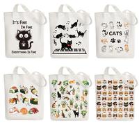Sac cabas en toile, motif chat, lot de 6, 38 x 40 cm, réutilisable