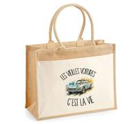 Sac Cabas Jute Les Vieilles Voitures C'est La Vie | Cabas Femme Sac de Plage Toile de Jute | Idée Cadeau Femme Maîtresse Anniversaire Noël | Imprimé en Bretagne
