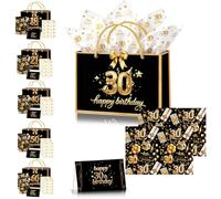 Sac Cadeau Anniversaire 30 Ans Noir et Or, Pochette Papier 28x20x10cm avec Anse, Kit avec 1 Noeud+2 Papiers Cuivrés+3 Papiers de Soie+1 Carte de Vœux, pour Homme et Femme