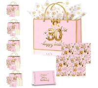 Sac Cadeau Anniversaire 30 Ans Rose et Or, Pochette Papier 28x20x10cm avec Anse, Kit avec 1 Noeud 2 Papiers Cuivrés 3 Papiers de Soie 1 Carte de Vœux, pour Homme et Femme