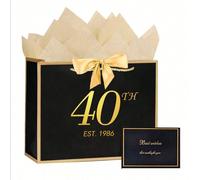 Sac cadeau commémoratif pour 18/30/40/50/60/70/80e anniversaire, comprend une carte et du papier de soie, unisexe ; sac d'emballage cadeau noir élégant ; sac fourre-tout de shopping pour cadeau de fêt