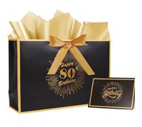 Sac cadeau d'anniversaire de 32,6 cm avec carte cadeau et ruban en papier de soie pour homme et femme (noir 80ème)