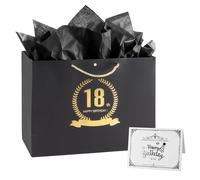 Sac cadeau en papier noir doré pour 18e anniversaire, sac cadeau avec ruban de soie, 32 x 25 x 11 cm, sac cadeau avec carte et gaze perlée, sac cadeau Happy 18th Birthday, sac cadeau pour fille et