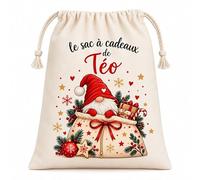 Sac Cadeau Noël Personnalisé avec Texte ou Prénom - 30 x 40 cm - Hotte de Noël Réutilisable avec Fermeture par Cordons - Sac Emballage Cadeau Motif Lutin - Message au Choix Enfant Adulte