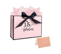 Sac cadeau pour 15e anniversaire pour femme, sac cadeau en papier rose avec carte et papier de soie, 28 x 20 x 10 cm