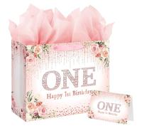 Sac cadeau pour 1er anniversaire avec papier de soie et carte pour fête d'anniversaire pour filles et enfants (or rose)