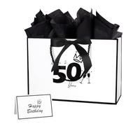 Sac cadeau pour 50e anniversaire de 32,6 cm avec carte cadeau et papier de soie pour homme et femme, fournitures de 50e anniversaire (blanc 50e)