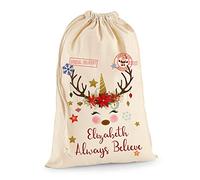 Sac de Noël Personnalisé Individuel Sur Mesure en Coton Naturel Extra Large (75 x 49 cm, 38 litres) avec Cordon de Serrage pour Cadeaux - Licorne Toujours Croire