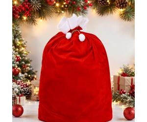 Sac de Noël, sac cadeau, hotte du Père Noël, 70 x 100 cm | Un Noël plein de surprises : grand sac rouge, finition blanche, cordon doré et deux pompons blancs