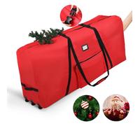 Sac de Rangement pour Sapin de Noël jusqu'à 2,3m,Oxford 600D, avec Roulettes, Poignée et Bandes de Fixation,128x38x51cm-Rouge