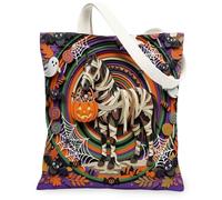 Sac fourre-tout amusant en toile motif cheval d'Halloween pour le shopping 33 x 38 cm, papier découpé pour loisirs créatifs, effrayant, effrayant, réutilisable, pour femme, peinture esthétique