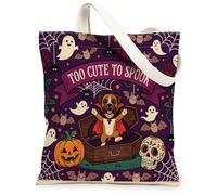Sac fourre-tout amusant en toile motif chien boxer d'Halloween 33 x 38,1 cm, motif cercueil effrayant, fantôme, cercueil gothique, sac d'épicerie réutilisable pour femme, plage effrayante, esthétique