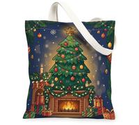Sac fourre-tout en toile avec cheminée et sapin de Noël 33 x 38,1 cm | Scène de cheminée, boîtes cadeaux emballées, guirlande à feuilles persistantes, guirlande lumineuse lumineuse