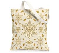 Sac fourre-tout en toile avec citation de Noël Motif flocon de neige Doré | Feuilles de houx dorées, motif géométrique d'hiver, fond crème, accessoire d'hiver saisonnier, sac fourre-tout festif