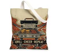 Sac fourre-tout en toile avec citation Grill Cheer Repeat Football BBQ 33 x 38,1 cm | Thème football, illustration de grille grésillante, accessoire de fête hayon, impression graphique vive
