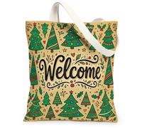 Sac fourre-tout en toile avec citation « Welcome Christmas Tree » 33 x 38,1 | Citation typographique manuscrite, motif d'arbre fantaisie, feuilles de houx décoratives, fond beige saisonnier