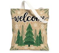 Sac fourre-tout en toile avec inscription « Welcome » Motif sapin d'hiver | Thème forêt d'hiver, texture en lin rustique, écriture de bienvenue saisonnière, motifs de pin à feuilles persistantes