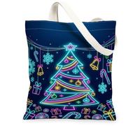 Sac fourre-tout en toile avec motif sapin de Noël fluo 33 x 38,1 cm | Effet néon, ornements lumineux, motifs flocon de neige, esthétique hivernale, graphiques festifs colorés