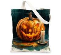 Sac fourre-tout en toile citrouille pour femme, bougie festive, visage souriant, Halloween, lavable, réutilisable, idéal pour la famille, les amis, les collègues, la lecture, 33 x 38 cm