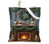 Sac fourre-tout en toile Motif cheminée de Noël 33 x 38 cm | Couronne de pin, boîtes cadeaux emballées, village miniature, feu lumineux, décoration d'intérieur d'hiver