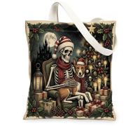 Sac fourre-tout en toile motif chien Basenji de Noël 33 x 38 cm, motif squelette gothique festif réutilisable pour femme, motif de Noël, travail, voyage, décoration cadeau